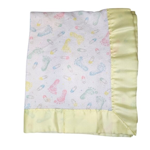 Vintage Other - Vintage Baby Blanket Satin‎ Trim Foot Print Yellow Satin Trim Flannel Pastel